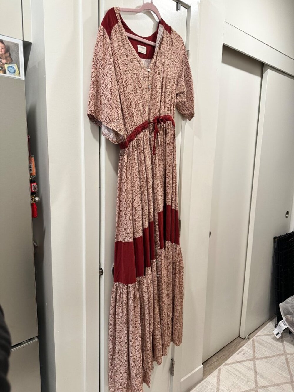 Jackson Rowe Red & Beige Patterned Maxi Dress With Button Front & Tie Waist - Picture 4 of 9